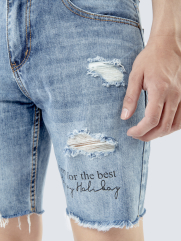Quần Short Jean Rách Cắt Lai In Chữ QS196 Màu Xanh Biển 