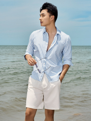 Áo Sơ Mi Oxford Sọc Xanh Thêu Bánh Lái Form Tailored SM183 Sọc Xanh Biển