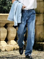 Quần Jean Rã Diễu Thêu Chữ Just Breath Form Straight QJ119 Màu Xanh Biển Đậm