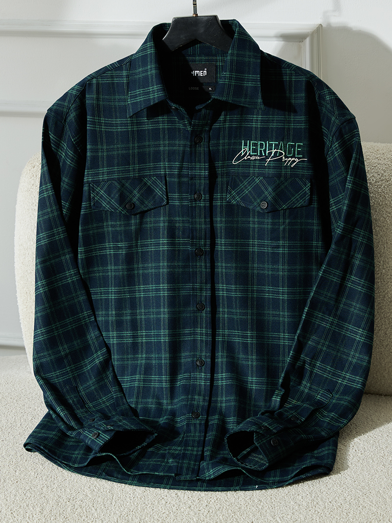 Áo Overshirt Vải Caro Flannel Thêu Heritage Form Loose SM166 Caro Xanh Lá