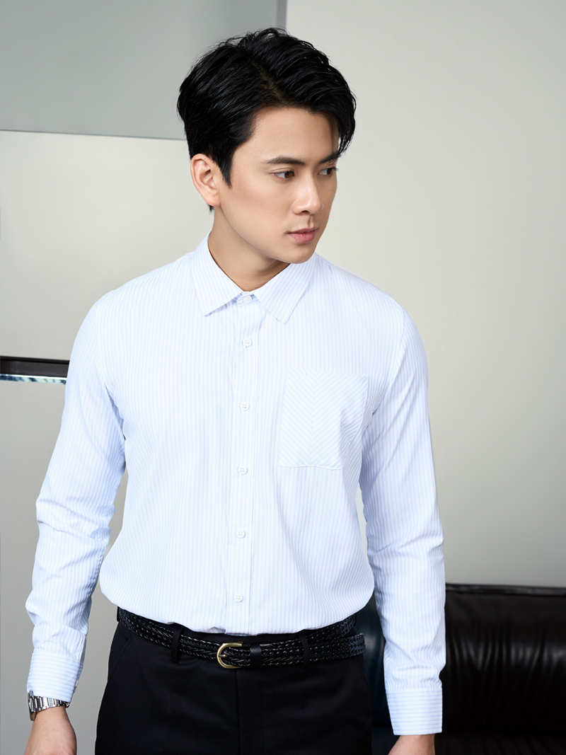 Áo Sơ Mi Sọc Hạn Chế Nhăn Wrinkle X Thêu Chữ M Form Tailored SM177 Sọc Xanh Biển