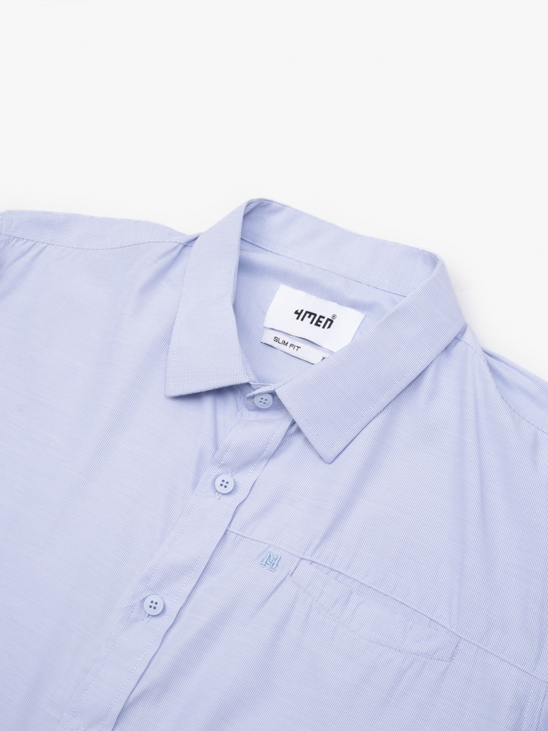 Áo Sơ Mi Sọc Hạn Chế Nhăn Wrinkle X Thêu M Ở Túi Form Slimfit SM174 Sọc Xanh Biển