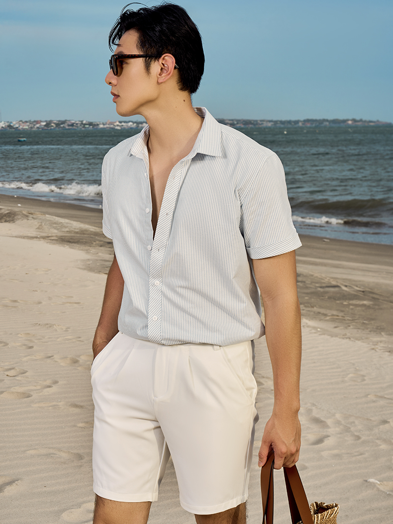 Áo Sơ Mi Oxford Thêu Hình Mỏ Neo 4M Form Regular SM185 Sọc Xanh Biển