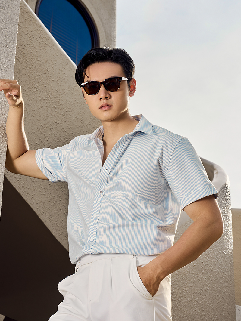 Áo Sơ Mi Oxford Thêu Hình Mỏ Neo 4M Form Regular SM185 Sọc Xanh Biển