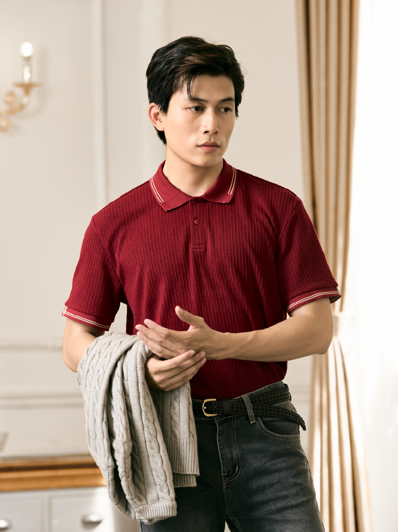 Áo Polo Dệt Kim Gân Nổi Form Regular PO176 Màu Đỏ Đô