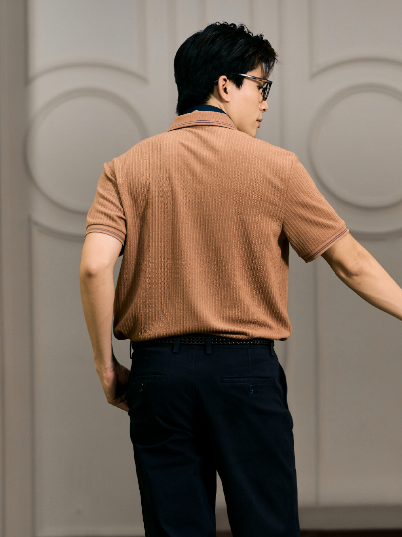 Áo Polo Dệt Kim Gân Nổi Form Regular PO176 Màu Nâu Nhạt